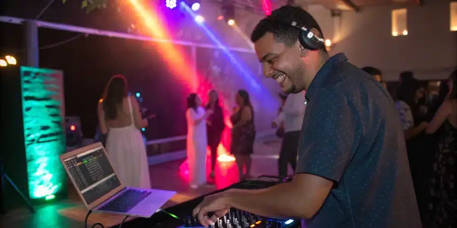 Un DJ souriant derrière sa table de mixage, éclairages colorés et invités dansants.